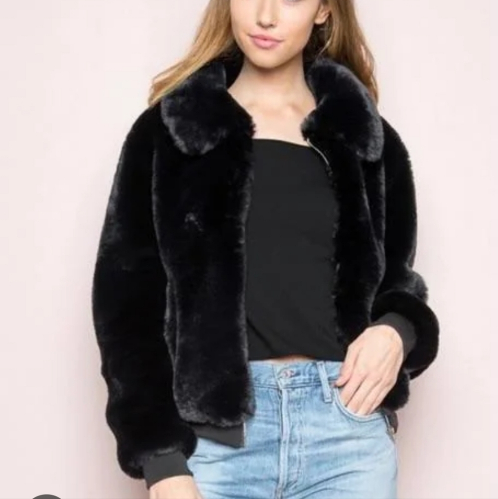 Brandy Melville Black Faux Fur Bomber Jacket